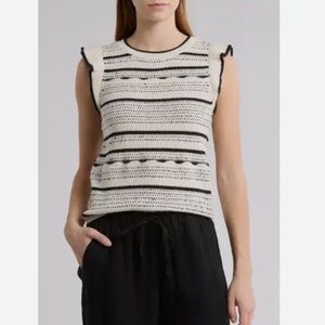 Evereve Cream and Black Striped Crochet Sleeveless Sweater